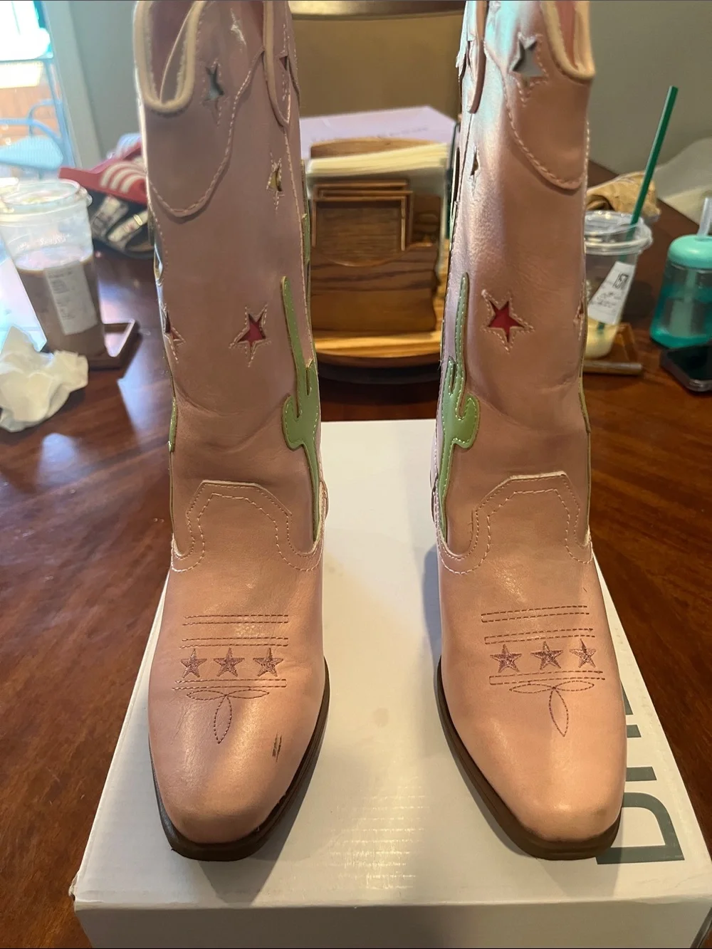 Dream Pairs Pink Kids Cowboy Boots with Green Cactus Appliqués